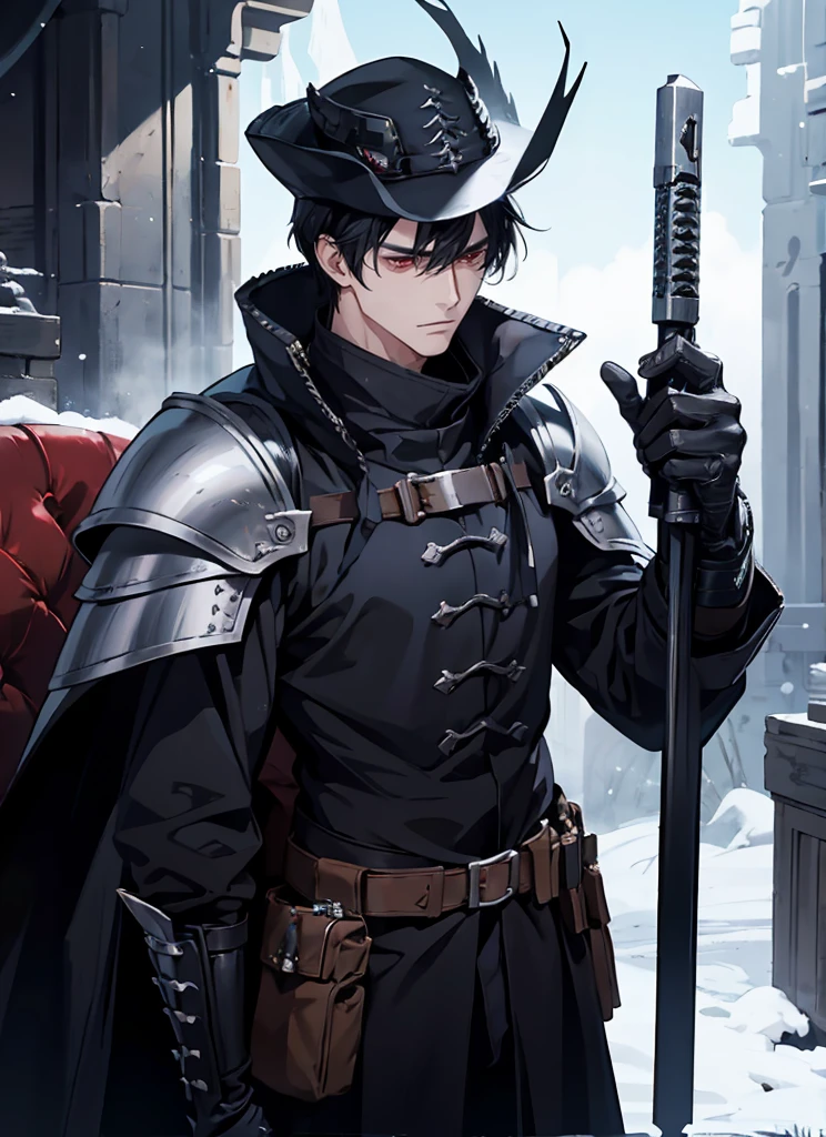 1man Gunslinger,Coldplace,fantasy, blackhair, cat ear, tall, glove, wearing hat, handsome, villian face, red eye, 21 yearold, wearing white winter armor, game of throne, male