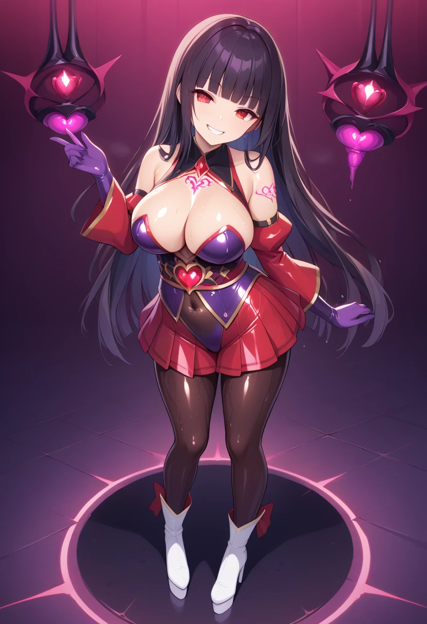 AstonMachan, red sleeves, parted colored shirt, long sleeves, white pleated skirt, white footwear, high heels, bow, sash, 1girl,standing, corruption,wide hip, red eyes, long blunt bangs hair, purple theme, sexy, corruption bodysuit, see-through leotard, glowing red lines, many red lines , look up, evil theme, dark magical girl, corruption, blunt bangs, bare shoulder puffy , glowing belly tattoo, living clothes, sadistic smile, long boots,reflecting, evil grin, bodytights, heel, wet shiny skin, extremely detailed, look at viewer, head_rest, head tilt,curvy, purple gloves, sticky, red gemstones, latex bondange, perspective, shiny reflecting metal latex stocking score_9, score_8_up, score_7_up,