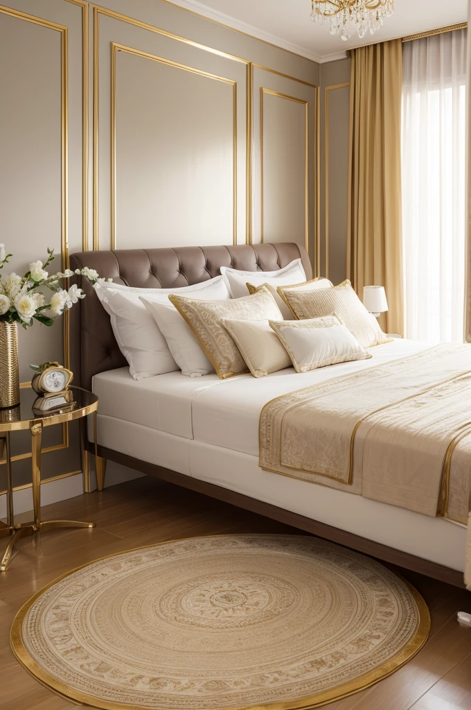 Quarto feminino luxuoso grande dourado e branco