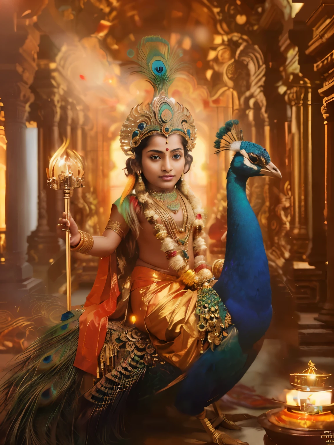 there is a little boy dressed in a costume and holding a peacock, vishnu, indian god, cute boy, young goddess, hindu god, archan nair, ???, closeup portrait shot, portrait shot, indian goddess, beautiful cute, godness, serene expression, beautiful avatar pictures, marvelous expression, edited, by Thota Vaikuntham, hindu aesthetic mountain background