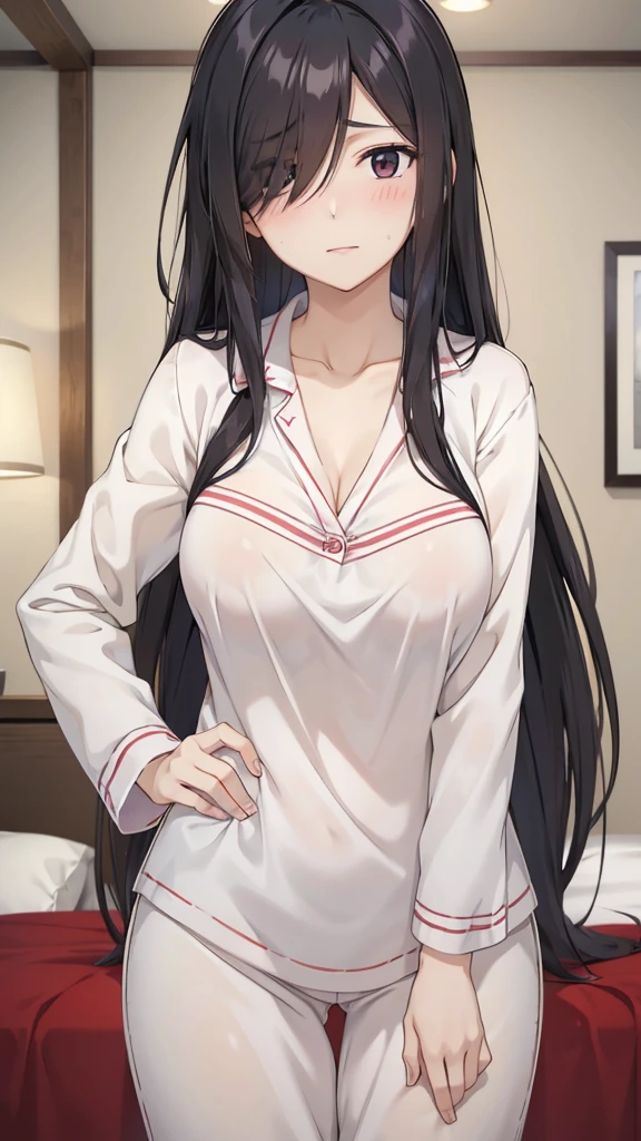 1girl, mature women,perfect ,black hair, long hair, (hair over one eye:1.4), messy hair, hair between eyes,saggy breast, pajama, cute shy blush on , bedroom