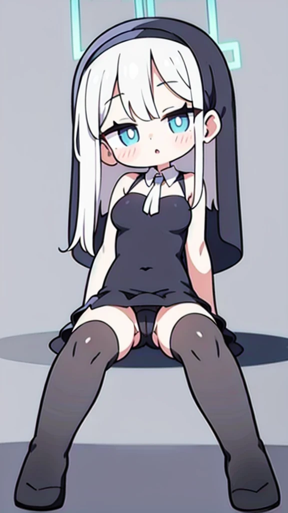 A girl,  nun dress, nun, , ,  belly button, sitting position, , showing panties, white stockings, stockings, jjmx