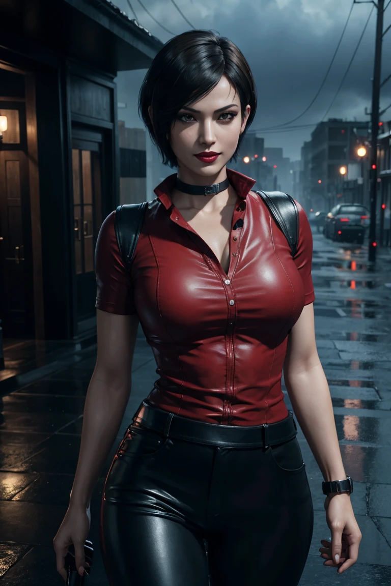Resident Evil 6,Ada,Short Hair,Red Shirt,Stand up your collar,Black Leather Pants,Photorealistic,Ultra HD,high quality,masterpiece,Digital SLR,Detailed details,Intricate details,Anatomical basis,Depicted in detail,A detailed face,Realistic skin texture,Vivid details,Perfect Anatomy,Perfect Anatomy,Anatomically correct hand,Anatomically correct fingers,Super Detail,Complex 3D rendering,Sexy pose,Rainy Sky,Beautiful scenery,Fantastic rainy sky,Picturesque,Red Lip,smile,