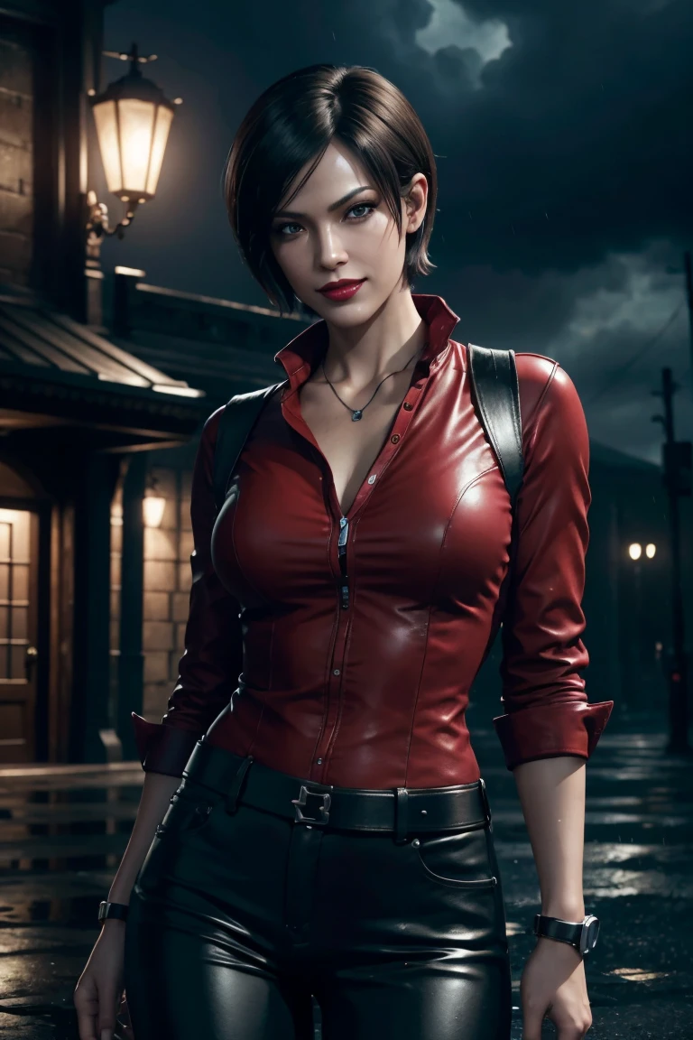 Resident Evil 6,Ada,Short Hair,Red Shirt,Stand up your collar,Black Leather Pants,Photorealistic,Ultra HD,high quality,masterpiece,Digital SLR,Detailed details,Intricate details,Anatomical basis,Depicted in detail,A detailed face,Realistic skin texture,Vivid details,Perfect Anatomy,Perfect Anatomy,Anatomically correct hand,Anatomically correct fingers,Super Detail,Complex 3D rendering,Sexy pose,Rainy Sky,Beautiful scenery,Fantastic rainy sky,Picturesque,Red Lip,smile,