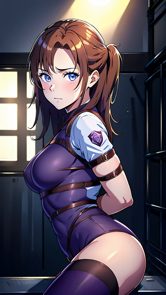 masterpiece, best quality, claire, claire redfield, resident evil, 1girl, solo, brown hair, (((purple clothes))),wearing a bodysuit))), transparent thighhighs, lying, on a prision metal stretcher, warm lighting, relaxed face expression, looking to the side, gigantic breasts, breast focus, boob window, bare breasts, arms at side, arms behind back, Detailed face, Detailed blue eyes, Detailed face, blue eyes, perfect eyes, perfect face, nude, abandoned manor background