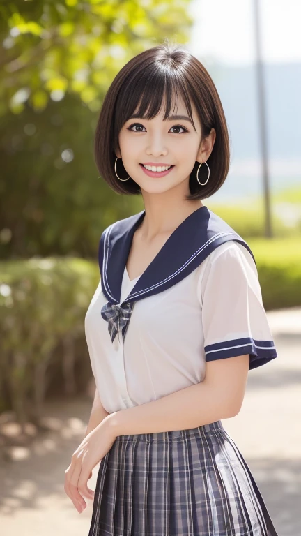 neat college girl、ite person、Outside the field、(Slimed、small tit、flat boobs、small tit)、Photorealsitic、detaileds, Skin Texture, ultra-detailliert、Delicate and sexy collarbone、A smile、Super Detailed Face、Detailed lips、A detailed eye、二重まぶた、White panties are visible from the skirt、((is standing、Summer yukata、slightly lift the hem of the skirt with both hands,,,,))、Shorthair with bangs、Straight bob hair、、Angle from the very top