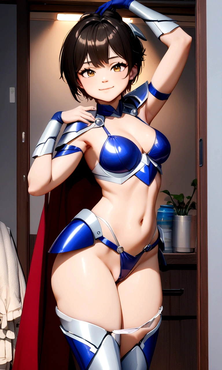 A woman wearing Power Girl-style cyber bikini armor、26 years old、Beautiful bare legs、Brown Hair、Short hair on the outside、High resolution、8k、A dull smile、erotic、Beautiful legs、White Cyber High Leg Armor、Shoulder Cyber Armor、Blue Cyber Boots、Red Cape、Blue Cyber Gloves、Thong、Wedge Shape、Mansuji、 Cinematic Goddess Body Shot,Unreal Engine Characters、Standing posture
