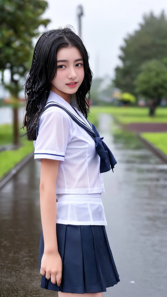 最high quality、high quality、Best image quality、8k、最High resolution、High resolution、最high quality、masterpiece、RAW Photos、whole body photos、Detailed and realistic human body、Detailed and realistic skin、Realistic face in every detail、Realistic reproduction of every detail、Detailed and realistic lips、Detailed and realistic teeth、Detailed and realistic ears、Detailed and realistic hair、Realistic reproduction of every detail、Realistic fingers in every detail、(Beautiful Hands、thumb１reference４)、Realistic feet down to the last detail、Realistic breasts down to the last detail、Realistic areola down to the last detail、Realistic nipples down to the last detail、((Beautiful Japanese Girl))、(Japanese Model)、((18 year old beautiful girl))、(Black Hair)、(Straight hair)、(ponytail)、((whole body))、((Upward beautiful breasts))、(Stylish slim body)、(whole body glossy skin、Fair skin)、((dark cold stormy weather))、((Pouring rain))、((heavy rain))、((School Playground))、Sailor suit、Sailor Skirt、((Pouring rainの中(A girl standing in the center of the schoolyard))、((Wet and see-through(Crop top sailor suit、Mini Sailor Skirt))、((performance(sorrow、dark、Lament、Watery eye))、((Pouring rainを浴びて(Soaked skin from head to toe))、((Rain dripping from the skin))、((Her body lines are clearly visible through her uniform..(Gets wet and sticks to the skin.))、((Rainwater dripping from the uniform))