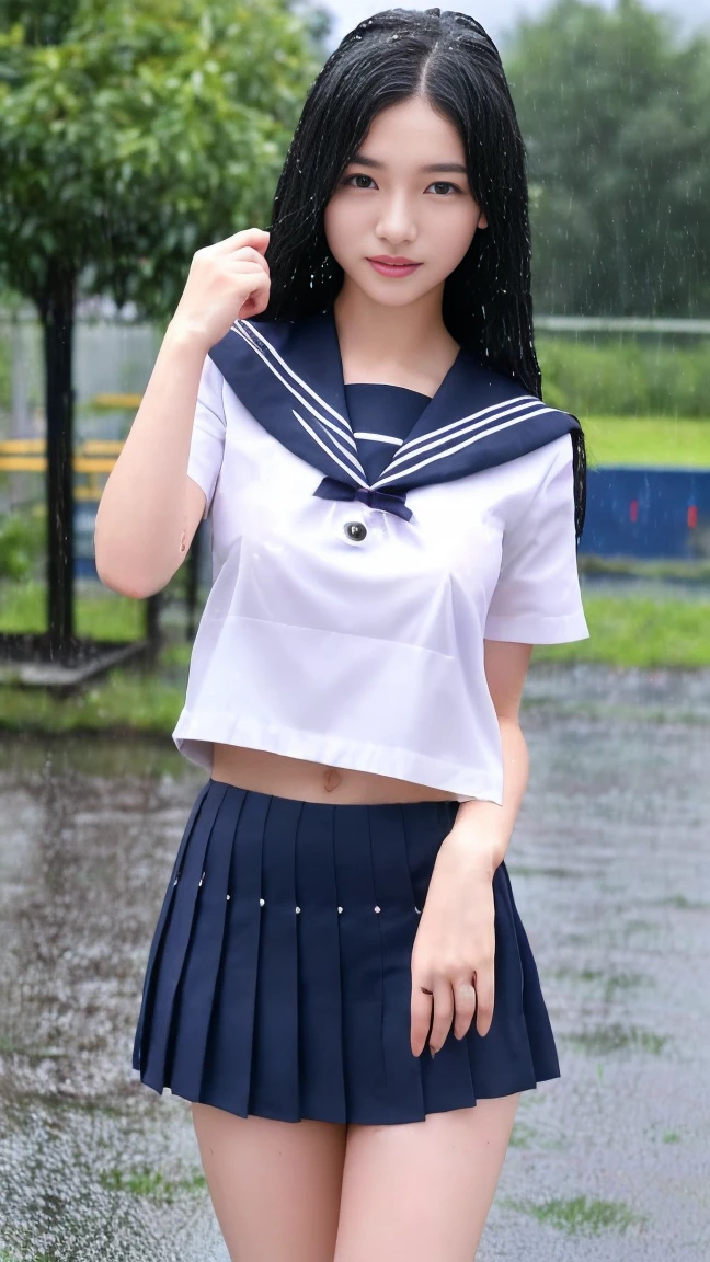 最high quality、high quality、Best image quality、8k、最High resolution、High resolution、最high quality、masterpiece、RAW Photos、whole body photos、Detailed and realistic human body、Detailed and realistic skin、Realistic face in every detail、Realistic reproduction of every detail、Detailed and realistic lips、Detailed and realistic teeth、Detailed and realistic ears、Detailed and realistic hair、Realistic reproduction of every detail、Realistic fingers in every detail、(Beautiful Hands、thumb１reference４)、Realistic feet down to the last detail、Realistic breasts down to the last detail、Realistic areola down to the last detail、Realistic nipples down to the last detail、((Beautiful Japanese Girl))、(Japanese Model)、((18 year old beautiful girl))、(Black Hair)、(Straight hair)、(ponytail)、((whole body))、((Upward beautiful breasts))、(Stylish slim body)、(whole body glossy skin、Fair skin)、((dark cold stormy weather))、((Pouring rain))、((heavy rain))、((School Playground))、Sailor suit、Sailor Skirt、((Pouring rainの中(A girl standing in the center of the schoolyard))、((Wet and see-through(Crop top sailor suit、Mini Sailor Skirt))、((performance(sorrow、dark、Lament、Watery eye))、((Pouring rainを浴びて(Soaked skin from head to toe))、((Rain dripping from the skin))、((Her body lines are clearly visible through her uniform..(Gets wet and sticks to the skin.))、((Rainwater dripping from the uniform))