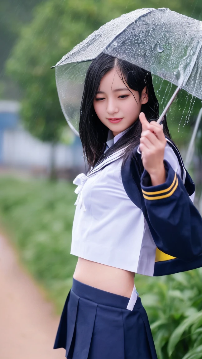 最high quality、high quality、Best image quality、8k、最High resolution、High resolution、最high quality、masterpiece、RAW Photos、whole body photos、Detailed and realistic human body、Detailed and realistic skin、Realistic face in every detail、Realistic reproduction of every detail、Detailed and realistic lips、Detailed and realistic teeth、Detailed and realistic ears、Detailed and realistic hair、Realistic reproduction of every detail、Realistic fingers in every detail、(Beautiful Hands、thumb１reference４)、Realistic feet down to the last detail、Realistic breasts down to the last detail、Realistic areola down to the last detail、Realistic nipples down to the last detail、((Beautiful Japanese Girl))、(Japanese Model)、((18 year old beautiful girl))、(Black Hair)、(Straight hair)、(ponytail)、((whole body))、((Upward beautiful breasts))、(Stylish slim body)、(whole body glossy skin、Fair skin)、((dark cold stormy weather))、((Pouring rain))、((heavy rain))、((School Playground))、Sailor suit、Sailor Skirt、((Pouring rainの中(A girl standing in the center of the schoolyard))、((Wet and see-through(Crop top sailor suit、Mini Sailor Skirt))、((performance(sorrow、dark、Lament、Watery eye))、((Pouring rainを浴びて(Soaked skin from head to toe))、((Rain dripping from the skin))、((Her body lines are clearly visible through her uniform..(Gets wet and sticks to the skin.))、((Rainwater dripping from the uniform))