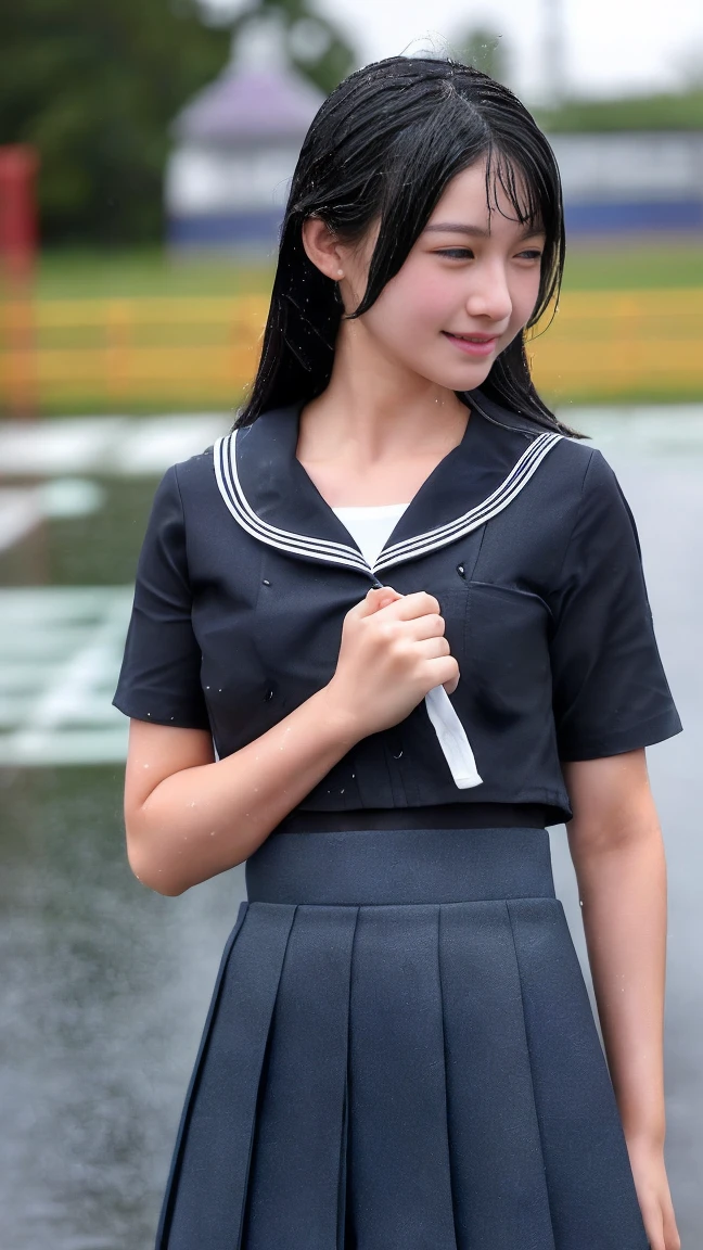 最high quality、high quality、Best image quality、8k、最High resolution、High resolution、最high quality、masterpiece、RAW Photos、whole body photos、Detailed and realistic human body、Detailed and realistic skin、Realistic face in every detail、Realistic reproduction of every detail、Detailed and realistic lips、Detailed and realistic teeth、Detailed and realistic ears、Detailed and realistic hair、Realistic reproduction of every detail、Realistic fingers in every detail、(Beautiful Hands、thumb1reference4)、Realistic feet down to the last detail、Realistic breasts down to the last detail、Realistic areola down to the last detail、Realistic nipples down to the last detail、((Beautiful Japanese Girl))、(Japanese Model)、((18 year old beautiful girl))、(Black Hair)、(Straight hair)、(ponytail)、((whole body))、((Upward beautiful breasts))、(Stylish slim body)、(whole body glossy skin、Fair skin)、((dark cold stormy weather))、((Pouring rain))、((heavy rain))、((School Playground))、Sailor suit、Sailor Skirt、((Pouring rainの中(A girl standing in the center of the schoolyard))、((Wet and see-through(Crop top sailor suit、Mini Sailor Skirt))、((performance(sorrow、dark、Lament、Watery eye))、((Pouring rainを浴びて(Soaked skin from head to toe))、((Rain dripping from the skin))、((Her body lines are clearly visible through her uniform..(Gets wet and sticks to the skin.))、((Rainwater dripping from the uniform))