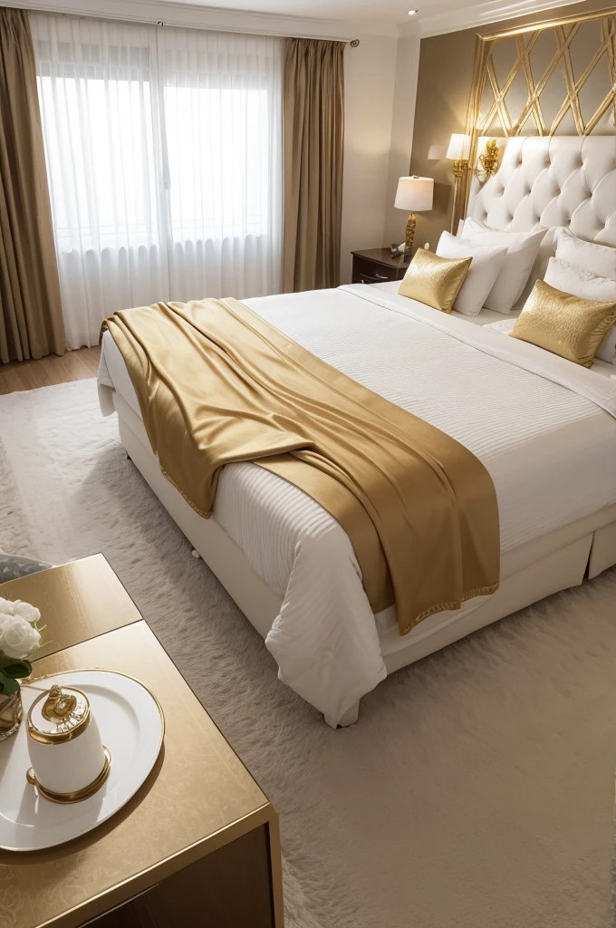 Quarto feminino luxuoso grande dourado e branco