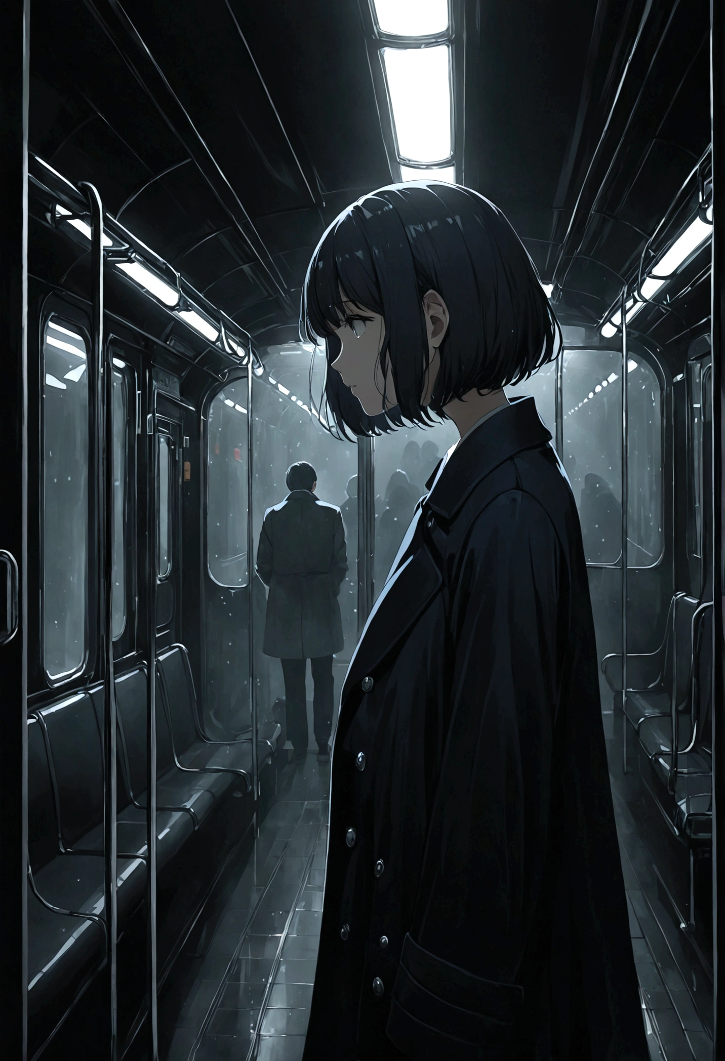 ((masterpiece), Absurd quality, 16K, 1 girl with short hair, Wearing a dark blue coat, She is long, Dimly lit subway. The perspective camera captures the entire vehicle. In the carriage, Innermost, In a dark corner not well lit by the flashing lights, A faceless ghost appears dressed in transparent black clothing, It is translucent, The lighting is so dim that you can barely see anything. The girl in profile is breathing in cold air through her breath. Cold raindrops fall on the foggy window、A dim light shines in from outside。, Brighten up the interior atmosphere..A girl with a calm and thoughtful expression, The faceless man watches silently.Are crying