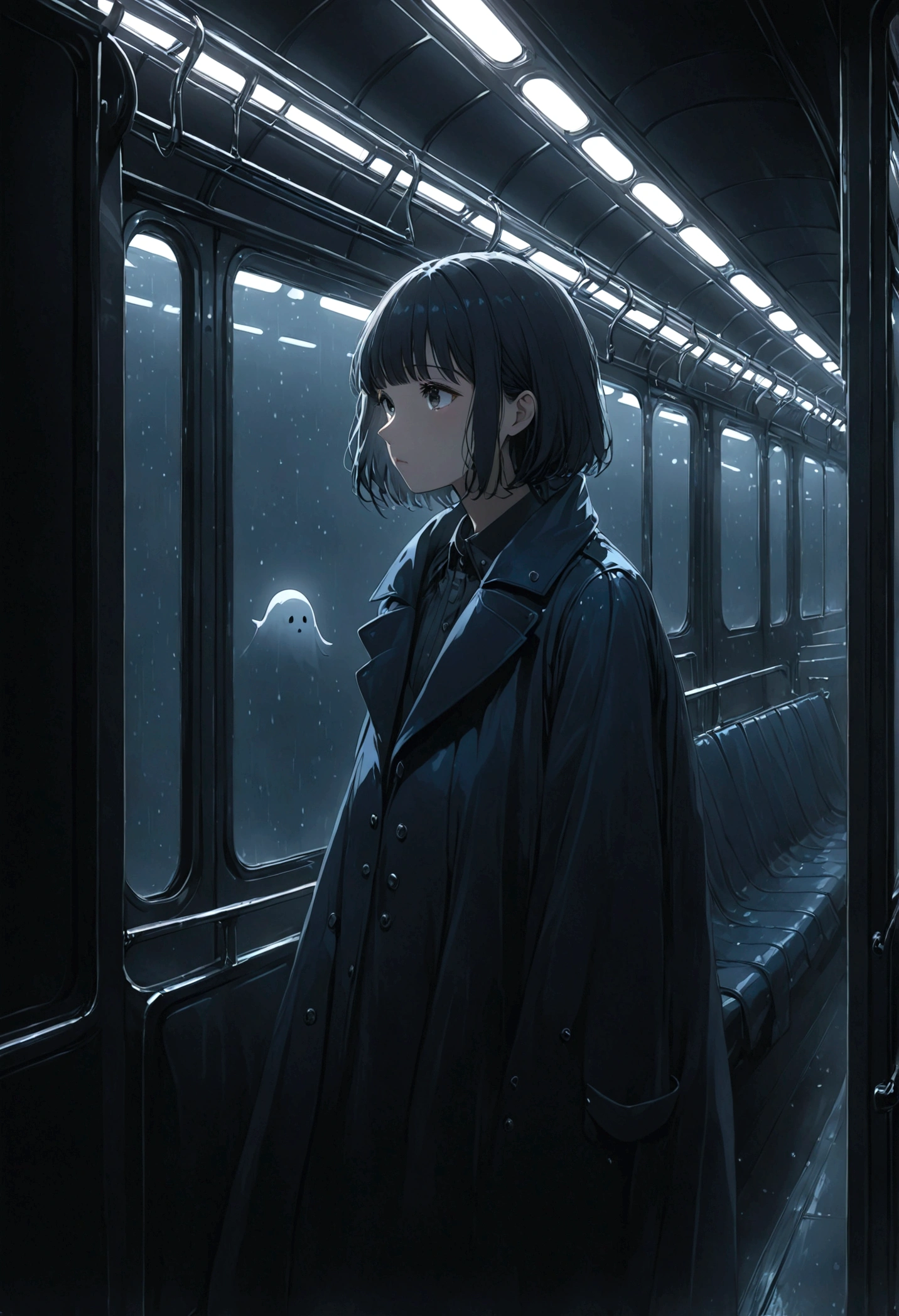 ((masterpiece), Absurd quality, 16K, 1 girl with short hair, Wearing a dark blue coat, She is long, Dimly lit subway. The perspective camera captures the entire vehicle. In the carriage, Innermost, In a dark corner not well lit by the flashing lights, A faceless ghost appears dressed in transparent black clothing, It is translucent, The lighting is so dim that you can barely see anything. The girl in profile is breathing in cold air through her breath. Cold raindrops fall on the foggy window、A dim light shines in from outside。, Brighten up the interior atmosphere..A girl with a calm and thoughtful expression, The faceless man watches silently.Are crying