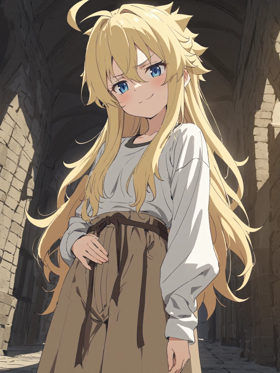 {{upper body, dutch angle}} {{Artist: sincos}} 1girl, blue eyes, blond hair, long hair, spiky hair, hair between eyes, long sidelocks, tied sidelocks, asymmetrical sidelocks, small breasts, young female, ahoge, white t-shirt, long sleeves, brown boots, light brown pants, smug, tsurime, hand on own waist, tall woman pov, medieval fantasy.