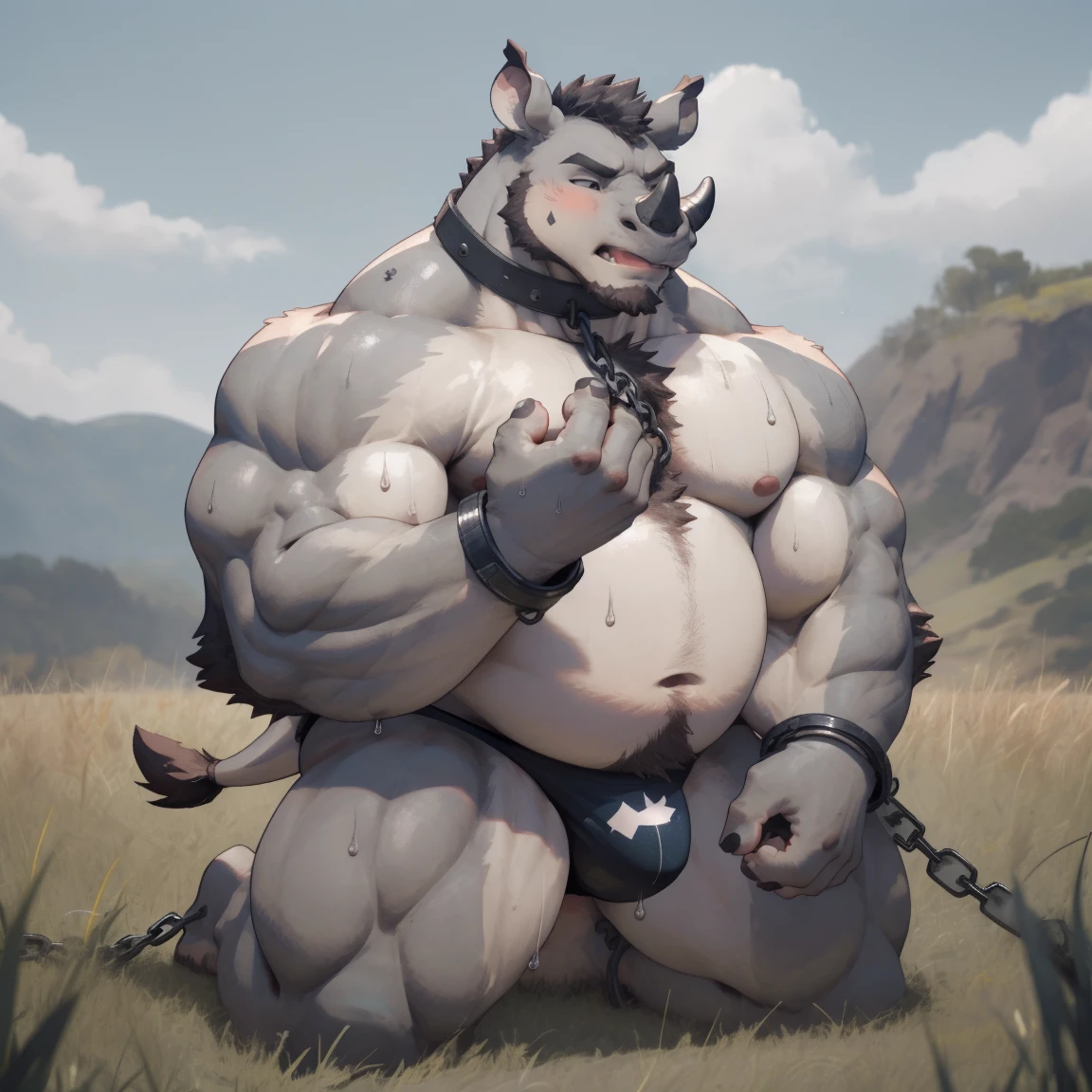 masterpiece, best quality, 8k resolution, Very detailed, hairy,(((rhino))),(((Mature))),(((middle age))),(((Blushing))),portrait,(((green eyes))),(((Strong))),(((Blushing))),(((Shirtless))),(((Fat-enclosed muscle))),((huge)),Hip bulge,For the audience,(((Shameful))),Highest quality scene,Solitary,solitary,(((thong)),(((Hip bulge))),(((Sweating))),((Chains)),(((limb shackles)))),(((Neck collar))),(Shameful),Kneeling on the floor,(((kneeling))),(((Blushing))),((grassland))