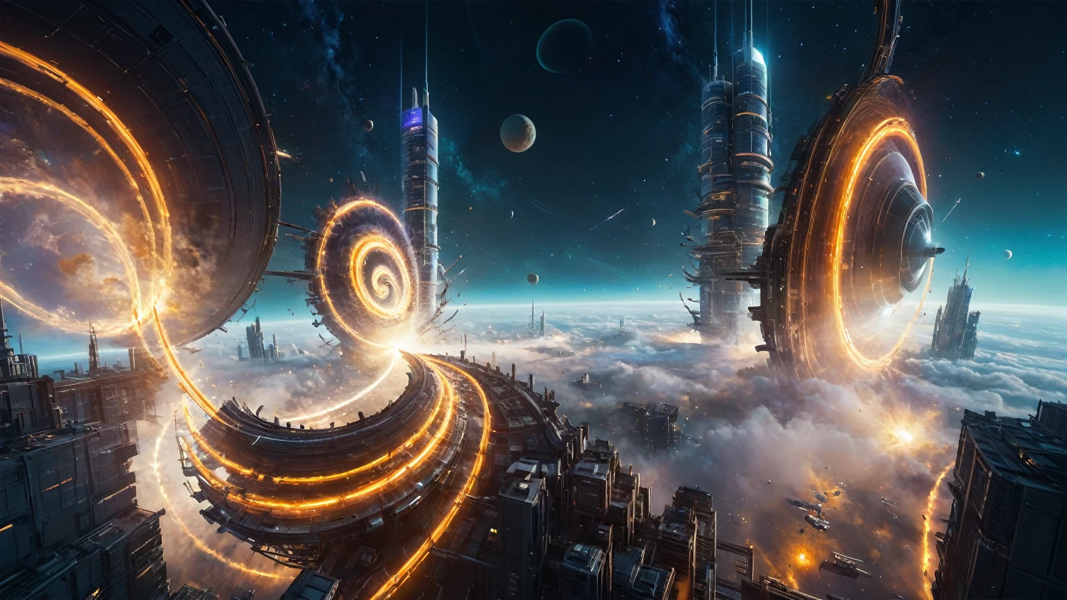 brightly colored abstract image of a space station with a spiral, epic beautiful space scifi, chaotic cinematic space rift, greg beeple, planets colliding, beeple and tim hildebrandt, beeple and jean giraud, end of the universe, galaxy space sci-fi, ringworld, by Mike "Beeple" Winkelmann. Matrix style, (((((Matrix cascading code))))), (((((a futuristic twin tower skyscraper with a unique twisted design))))), (((((OLED GUI interfaces in the building))))), at night, (((((1girl, solo))))), photo realistic, (((large-breast:1.2 slim body, cleavage))), (((off broken mini sling-shirt and black sling bra, extreamly short pleated miniskirt exposing panty))), (((((running pose))))), (((((matrix style black sunglasses))))), ((((((((((aiming with a short gun)))))))))), (((((looking at camera))))), (((very low view))), (((((half-body thigh level medium shot))))), (((cinematic lighting))).