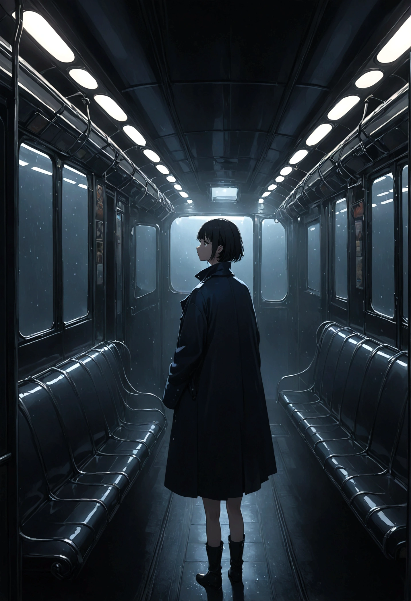 ((masterpiece), Absurd quality, 16K, 1 girl with short hair, Wearing a dark blue coat, She is long, Dimly lit subway. The perspective camera captures the entire vehicle. In the carriage, Innermost, In a dark corner not well lit by the flashing lights, A faceless ghost appears dressed in transparent black clothing, It is translucent, The lighting is so dim that you can barely see anything. The girl in profile is breathing in cold air through her breath. Cold raindrops fall on the foggy window、A dim light shines in from outside。, Brighten up the interior atmosphere..A girl with a calm and thoughtful expression, The faceless man watches silently.Are crying