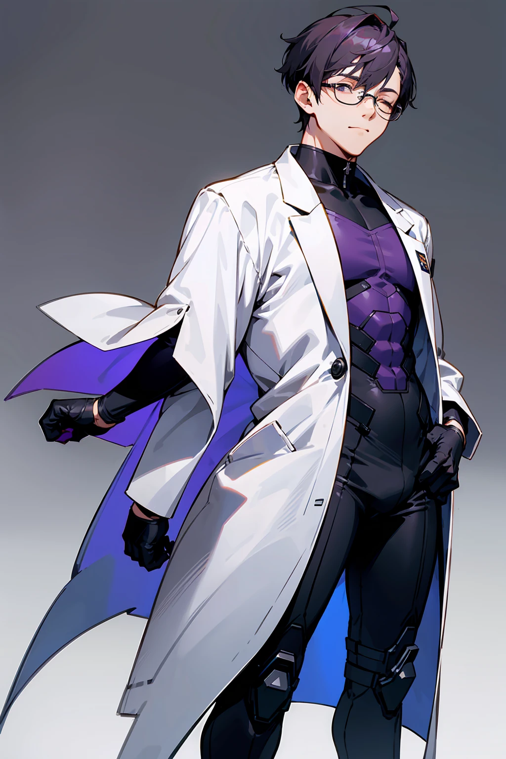 1male, Young Adult, Dark Violet Hair, Eyes Closed, Short Hair, Dojo Background, Slight Smile, Glasses, Standing In City, Detailed background, Black and White Combat Suit, White Coat