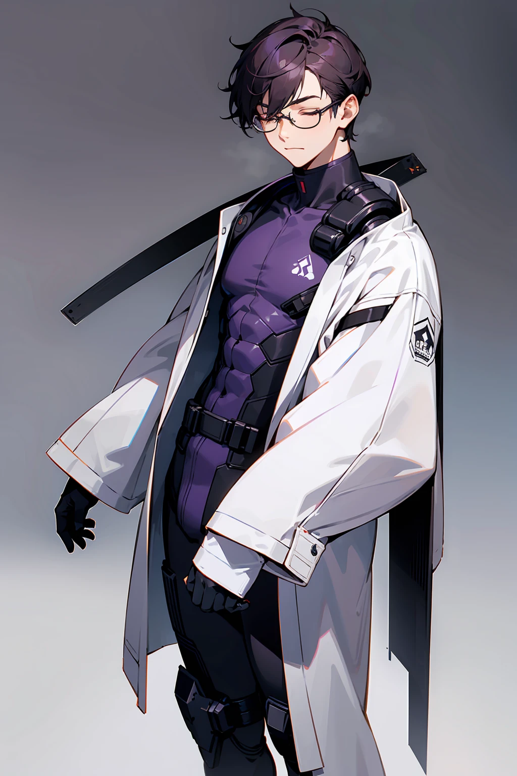 1male, Young Adult, Dark Violet Hair, Eyes Closed, Short Hair, Dojo Background, Slight Smile, Glasses, Standing In City, Detailed background, Black and White Combat Suit, White Coat