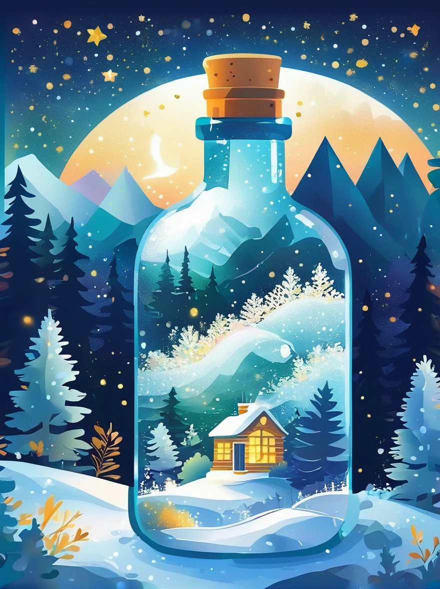 (flat, user interface vector style), (world in a bottle), Soft rime, Pine forest covered with soft frost, 美丽的冰雪Soft rime, Luminescence, Ethereal, Night Sky, (Clear crystal bottle), Shining stars, Magical scene, Vibrant colors, Soft tones, Warm golden glow, Tranquil atmosphere, (simple illustration), (smooth line art), (minimalism), white background, (graphic design aesthetics), (flat illustration)