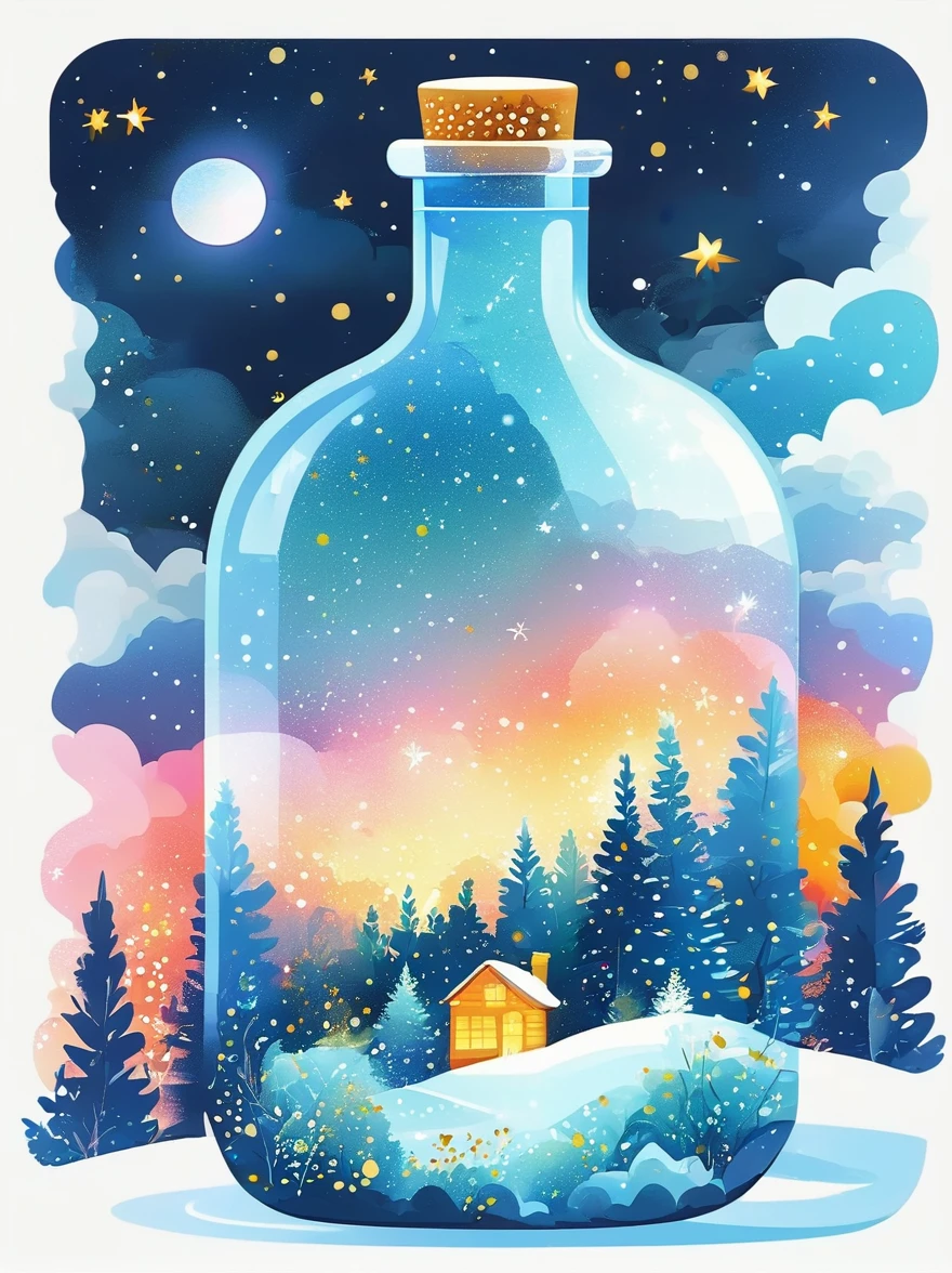 (flat, user interface vector style), (world in a bottle), Soft rime, Pine forest covered with soft frost, 美丽的冰雪Soft rime, Luminescence, Ethereal, Night Sky, (Clear crystal bottle), Shining stars, Magical scene, Vibrant colors, Soft tones, Warm golden glow, Tranquil atmosphere, (simple illustration), (smooth line art), (minimalism), white background, (graphic design aesthetics), (flat illustration)