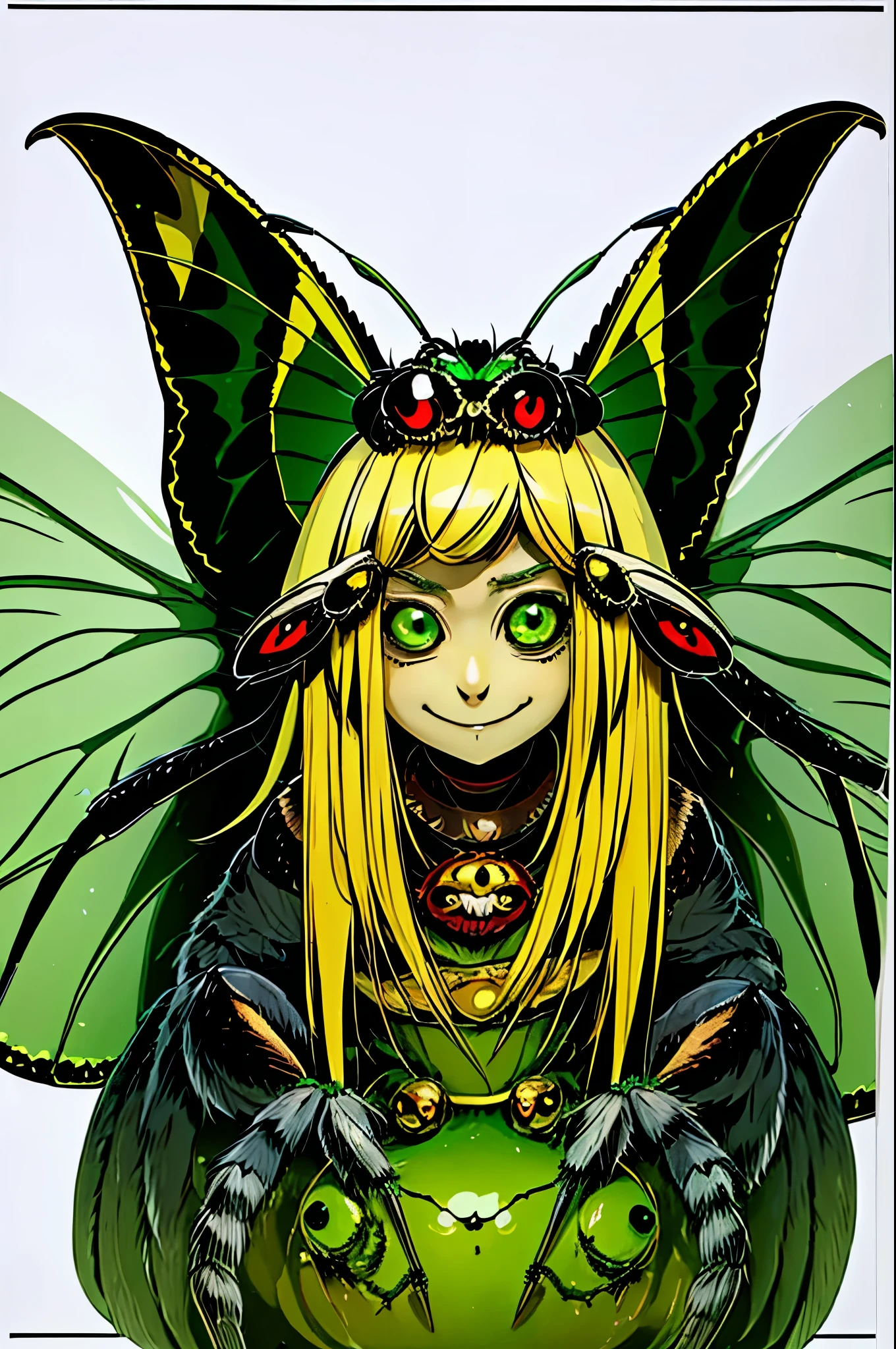 1girl, alone, chibi spider girl, monster musume, 9 , hairy thin long spider legs, dragonfly wings, moth antenas on head, blonde long hair, yellow hair, green clothes, green eyes, flat chest, smiling innocently, hades style, hadesstyle, hades2style, hades 2 style