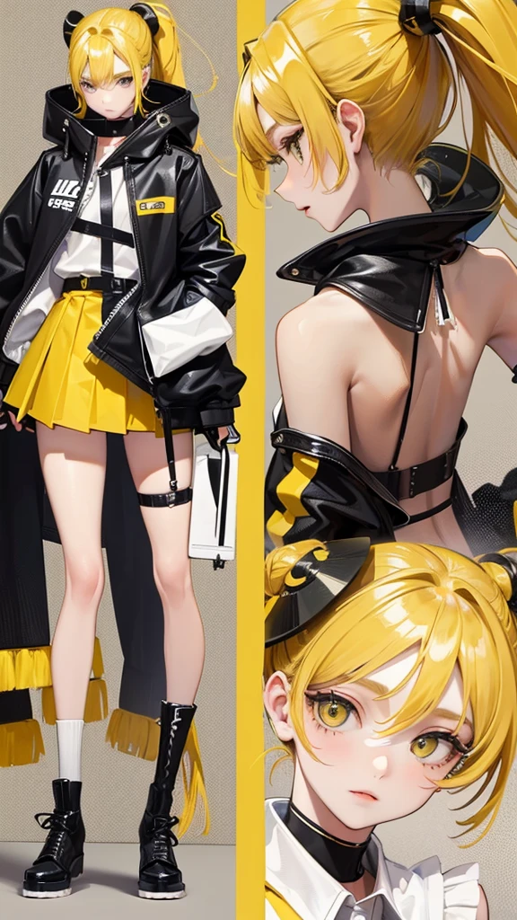 Beautiful girl in a mini skirt with yellow hair and a twin ponytail, wallpaper. 3D