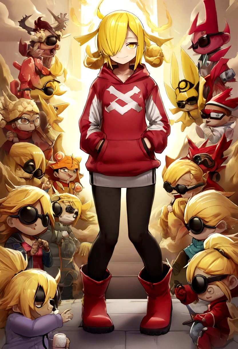 (1 chica en:1.2), (Solo:1.2) 、nffsw、Sombreadores、Trabajo con textura brillante、Ojos ultra detallados、pupila ultra intrincada en los ojos、de primera calidad、Imagen de cuerpo entero de pie.、pkmntmg 、(cuernos falsos, sudadera, pantalones cortos rojos, guantes, botas rojas) 、pelo largo, (cabello amarillo:1.5), sadistic smile、 Desde abajo, Boca abierta, pechos medianos , Levanta las manos,