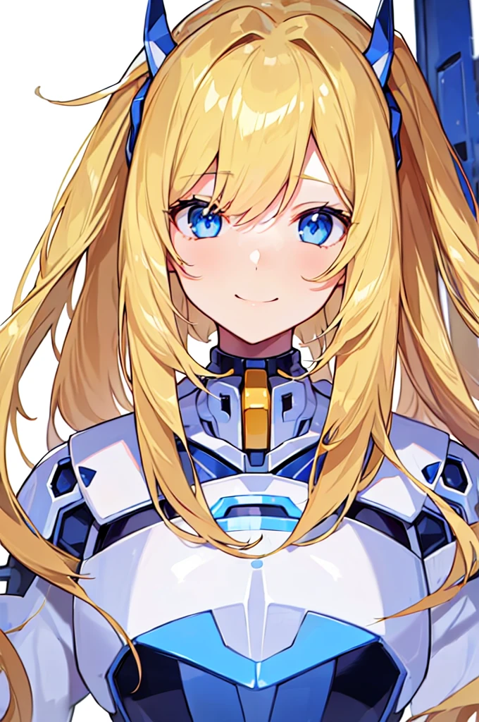 [(WHITE BACKGROUND:1.5),::5], masterpiece, absurdres, best quality, upper body, 1girl, solo, (blond hair), long hair, blue eyes, science fiction, (mecha musume:1.4), v-fin, yellow hologram wing, smile face, Anime style