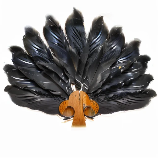 Close-up of a wooden-handled fan with feathers, very detailed Black Feather, Ebony Art Deco, feather, Black Feather, featherでできた, Colonnade Ornate Fan, Bright plumage, A fan with very long feathers, 体長のfeatherの冠,A man in ancient Chinese clothing is holding a fan