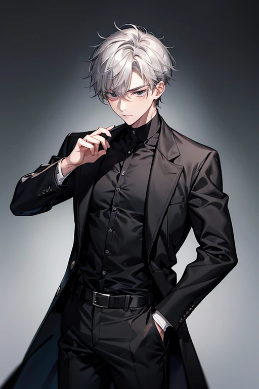 masterpiece, best quality, alone, male, black shirt, black pants, black coat, medium hair, gray hair, black eye, 24-year-old boy