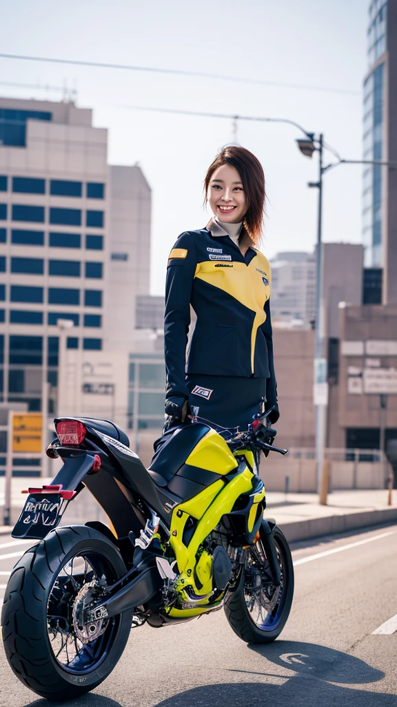 Glowing Korean beauty with cybernetic arm,(Transparent and revealing clothing:1.3, ),(Cyber Girl is、Ride through a futuristic city on a colorful, custom-painted green Kawasaki Ninja motorcycle:1.3),mini skirtを履いてバイクに跨り白いパンティが見えてます、kawasaki ninja250、Showing her white panties.、 （Ultra mini skirt:1.3）、Shiny light brown and orange striped ponytail hair,Cute Smile,Perfect round face,A bright smile that makes everyone happy,Proper body balance,Tabletop,Ultra-high quality output images,High resolution,Intricate details,Very delicate and beautiful hair,Realistic photos,dream-like,Professional Lighting,Realistic Shadows,Focus Only,Beautiful Hands,Beautiful fingers,Detailed functions of the fingers,Detailed characteristics of the garment,Detailed characteristics of hair,Detailed facial features,