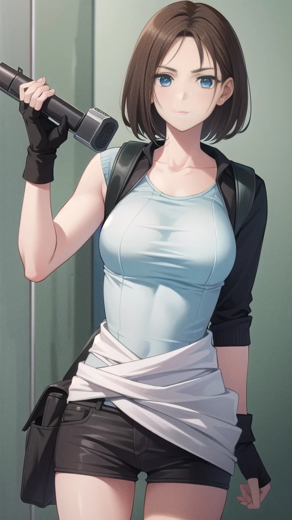 Zirle, jill valentine, 1 chica, pecho, brazos, pistola, falda, escote, Ropa alrededor de la cintura, blue eyes, fingerless guantes, guantes, cabello corto, zombie, pelo rubio, reloj, pencil falda, Sweater around waist, large pecho, tenencia, wristreloj, sin tirantes, tenencia brazos, minifalda, tenencia pistola, handpistola, parte superior del tubo, black falda, mirando al espectador, Brown hair, Labios, botas, Focus only, Sweater, monstruo, They are standing