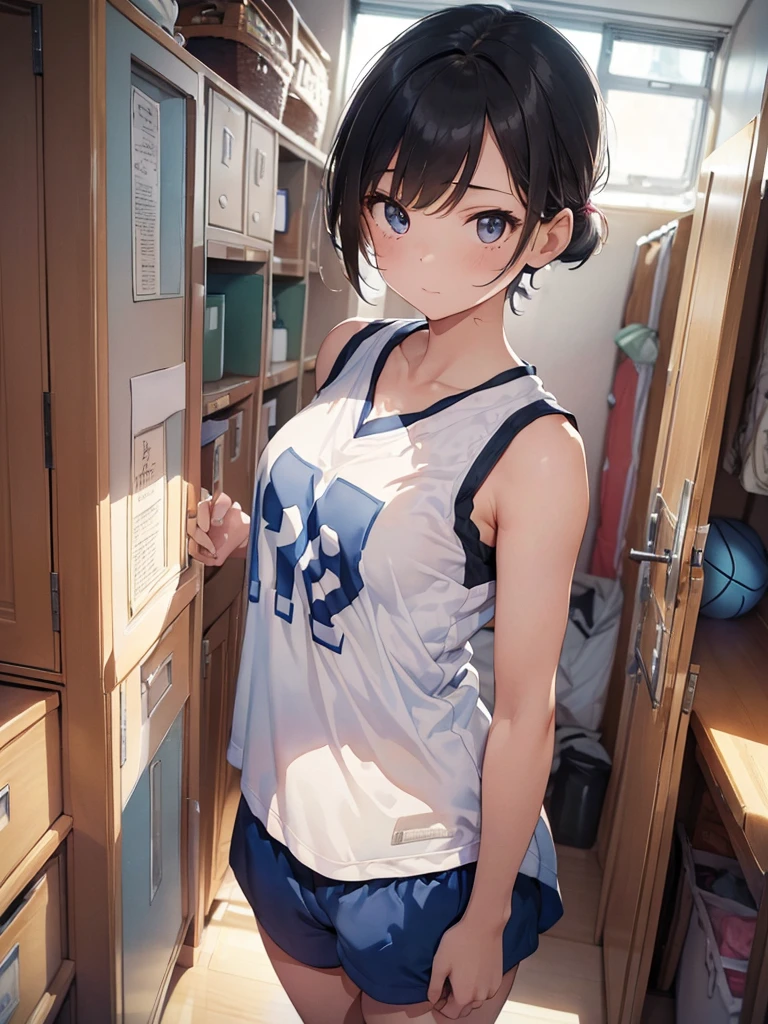 (), small breast  ,(masterpiece), best quality, extremely detailed, (watercolor), bloom, delicate and beautiful, illustration, (1girl:1.4), (solo:1.2), (medium breasts), (basketball jersey:1.3), basketball jersey, (basketball short shorts:1.2), beautiful eyes, ((short hair tied up)), photography, professional, canon camera, nikon camera, sharp, studio quality, fisheye lens, ((light hair)), ((locker room)), ((seductive face))