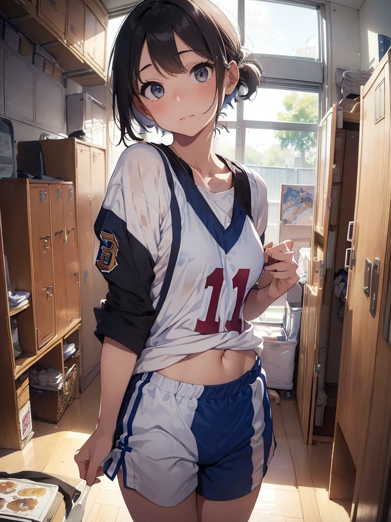 (), small breast  ,(masterpiece), best quality, extremely detailed, (watercolor), bloom, delicate and beautiful, illustration, (1girl:1.4), (solo:1.2), (medium breasts), (basketball jersey:1.3), basketball jersey, (basketball short shorts:1.2), beautiful eyes, ((short hair tied up)), photography, professional, canon camera, nikon camera, sharp, studio quality, fisheye lens, ((light hair)), ((locker room)), ((seductive face))