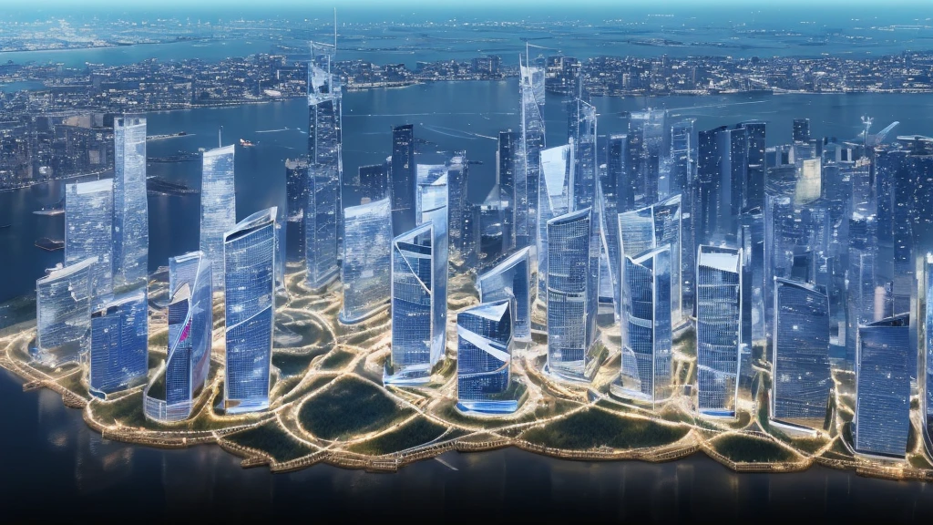 Night view from the plane,futuristic city:1.3,port,Flying spaceship,Skyscraper,masterpiece,best quality,Ultra-high resolution,(Very detailed:1.2),8K,Reality,best aesthetics,beautiful,Reduce the repetition of high-rise buildings and reduce the repetition of low-rise houses