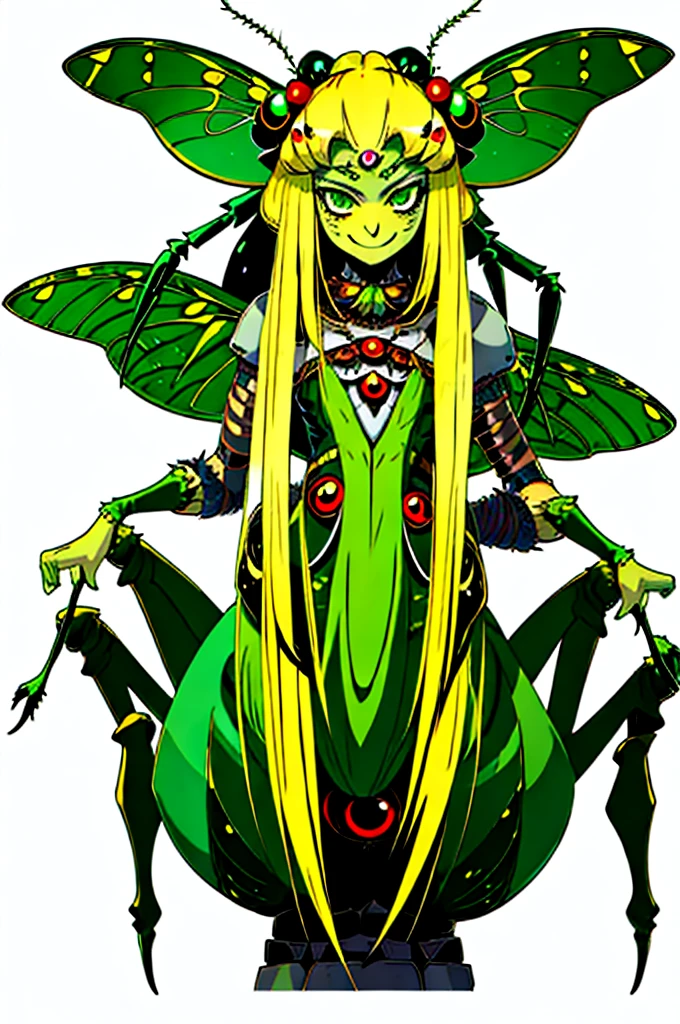 1girl, chibi spider girl, monster musume, 9 years old, hairy thin long spider legs, dragonfly wings, moth antenas on head, blonde long hair, yellow hair, green clothes, green eyes, flat chest, smiling innocently, hades style, hadesstyle, hades2style, hades 2 style
