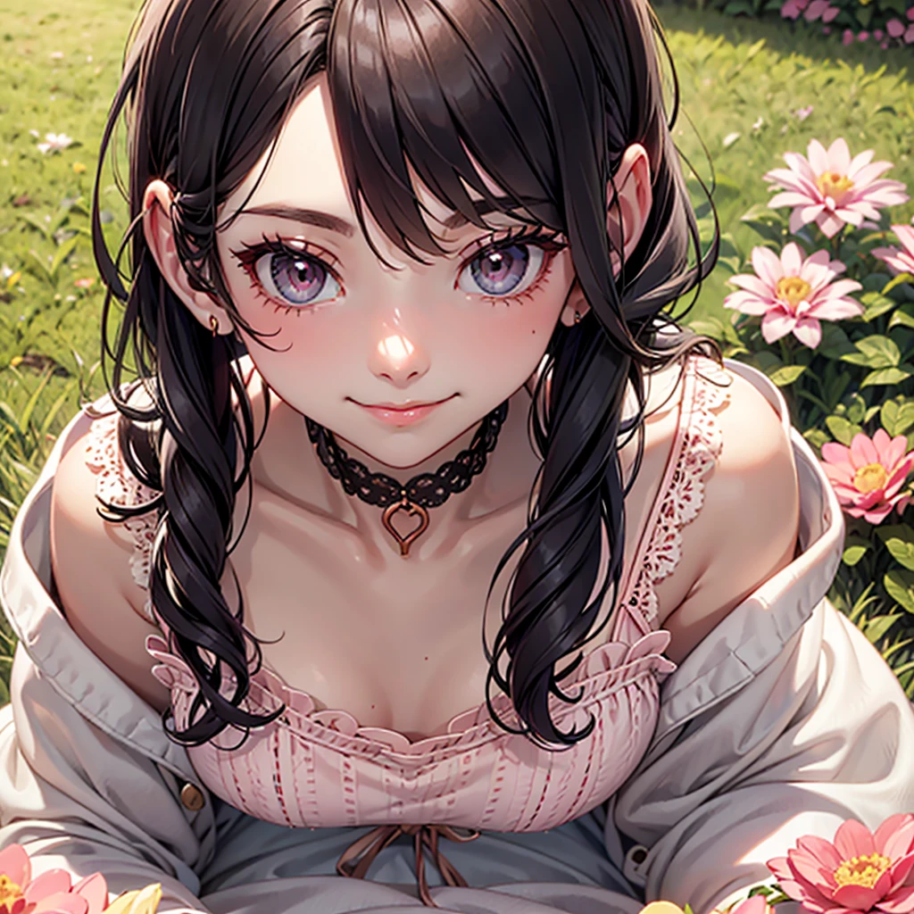 1 woman of 30 years old, {{{very long messy black hair}}}, {{{pink eyes}}}, pink flower sundress with lace details, rose gold choker, small smile, in a flower garden on a picnic blanket, {best quality.}, {highreaasterpiece.}, {{{medium close up.}}}, {facing viewer}