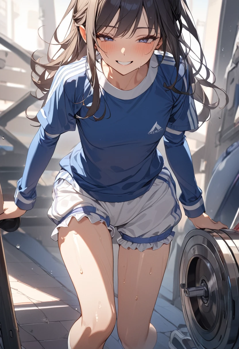 ((One girl)), masterpiece,Highest quality,ultra-detailed,High resolution,Unity running girl、Run、Sweat、Gym suit、Round Neck Shirt、Bloomers、smile、Small breasts、