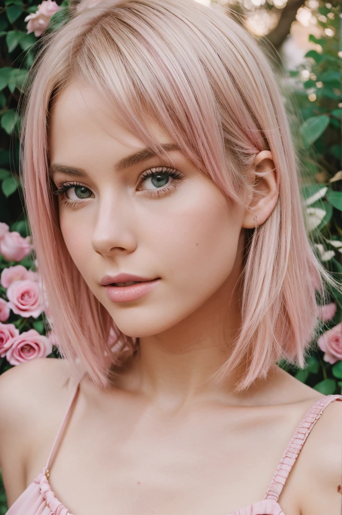 8k, RAW photo, Fujifilm, style photo of a beautiful young woman as avril in a garden of light pink roses (highly detailed skin: 1.2) Style-Petal BREAK short hair, blonde hair with colored locks, wearing a dress, film granulation, 35mm, cute style