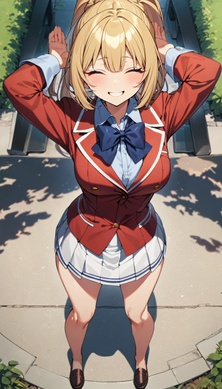 masterpiece, best quality, highres, ponytail hair, (single braid:1.2), hair ribbon, red jacket,buttoned blazer, blue bowtie, long sleeves, white skirt, standing ,t-pose,smile ,closed mouse face, from above,full body, at park