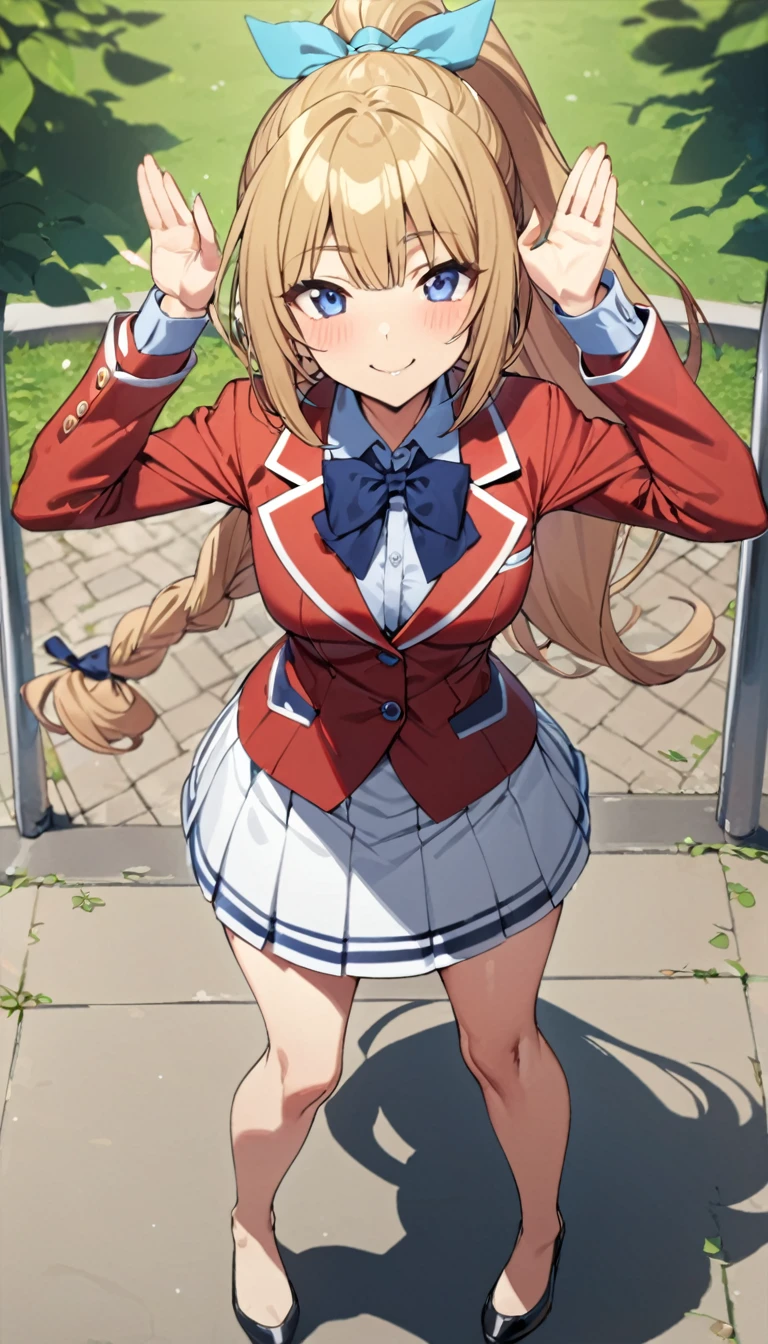 masterpiece, best quality, highres, ponytail hair, (single braid:1.2), hair ribbon, red jacket,buttoned blazer, blue bowtie, long sleeves, white skirt, standing ,t-pose,smile ,closed mouse face, from above,full body, at park