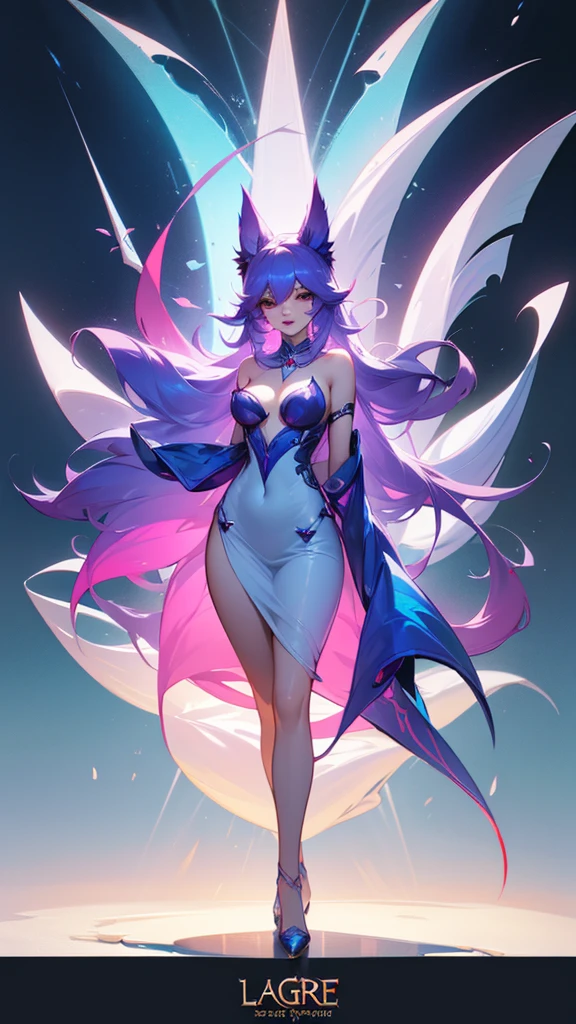 League of Legends Ahri，Full body photo，Normal pose，Background is the sea，Front light，Fashion-forward futuristic clothing, Elegant figure, Full figure, Revealing clothes, Very sexy, Beautiful goddess woman, Open dress, masterpiece，Best quality，Various postures，Very rich facial details，Delicate eyes