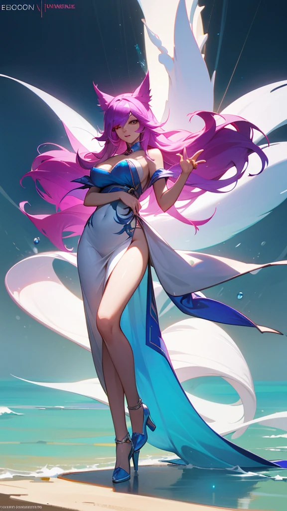 Create a realistic image of Princess Bubblegum from Adventure Time as an adult, shown in a full-body view. She has her signature long pink hair, pink skin, and wears her usual crown. Her physique is curvy and strong, with noticeable hips and thighs. She is wearing a stylish, form-fitting swimsuit that has a slightly transparent and reflective texture, as if wet. The swimsuit is designed to be fashionable and elegant, reflecting light in a way that highlights its glossy, wet surface. The overall tone of the image should maintain the playful and vibrant essence of the character while rendering her in a more realistic and detailed style. Ensure her facial features and overall appearance are clearly recognizable as Princess Bubblegum