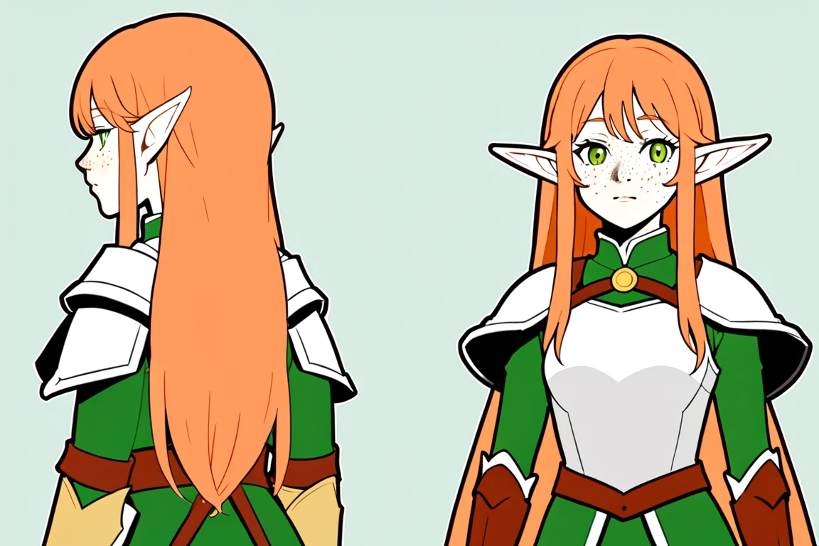 (The same character,front,side,back),Simple background,(whole body)girl,Orange hair,Self-made roll,Long hair,Green eyes,Look straight ahead,Freckles on the face,Armor,Elf ears