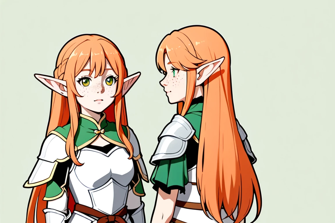 （The same character，front，side，back），Simple background，（whole body）girl，Orange hair，Self-made roll，Long hair，Green eyes，Look straight ahead，Freckles on the face，Armor，Elf ears