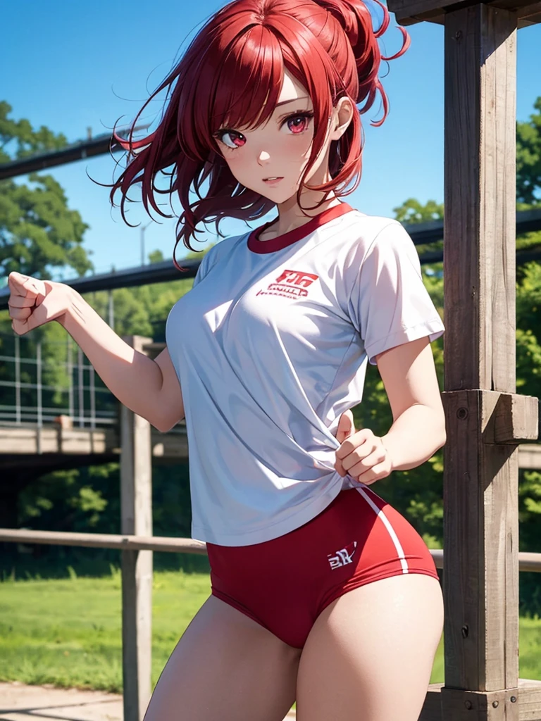 beautiful young woman, anime style, detailed face, red hair, red eyes, delicate features, soft lighting, wearing a gym uniform, white t-shirt, red bloomers, doing a bridge pose, outdoor school field background, clear blue sky, sunny day, dynamic pose, athletic, flexible, Japanese anime style, high quality, highly detailed, 8k resolution, cinematic lighting, best quality, vibrant colors, Instagrammable, aesthetic, trendy