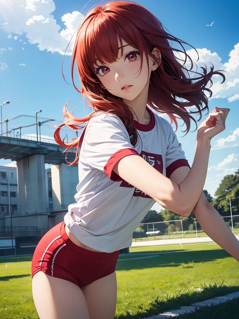 beautiful young woman, anime style, detailed face, red hair, red eyes, delicate features, soft lighting, wearing a gym uniform, white t-shirt, red bloomers, doing a bridge pose, outdoor school field background, clear blue sky, sunny day, dynamic pose, athletic, flexible, Japanese anime style, high quality, highly detailed, 8k resolution, cinematic lighting, best quality, vibrant colors, Instagrammable, aesthetic, trendy