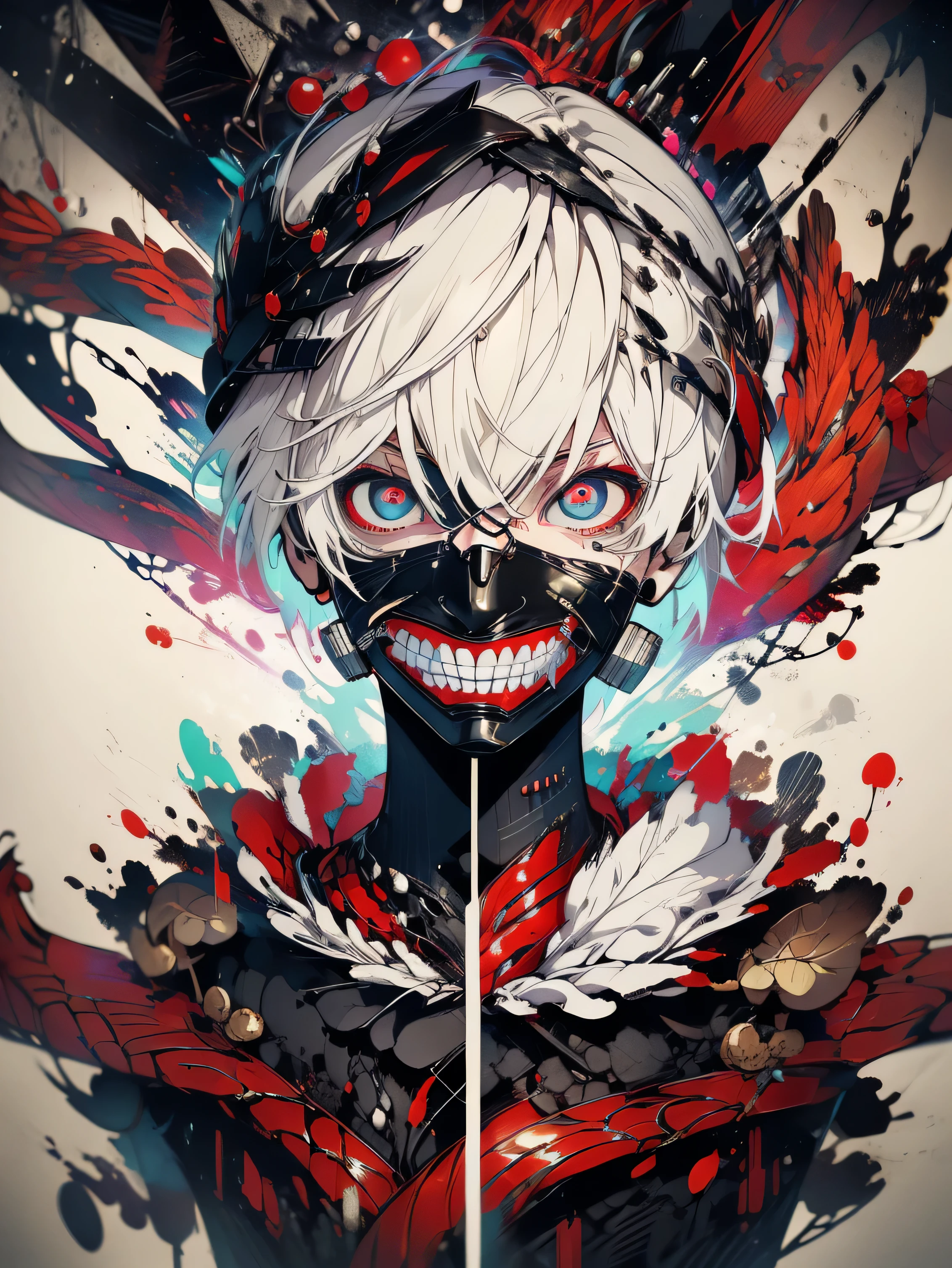 8k, anime, portrait, best quality, ultra high res, ultra detailed, high contrast color tone, extremely detailed lighting, soft lights, (masterpiece, high quality:1.4), (kaneki ken, white hair, red and black eye, mask | teeth, blood eyes, black jacket, scorpio tentacles), blood, ((full body)), (dynamic pose), ruined city background, thrilling, (fierce face)